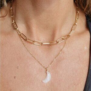 BUNDLE Gold Paperclip Chunky Necklace & Turquoise or Moonstone Moon Pendant CUTE